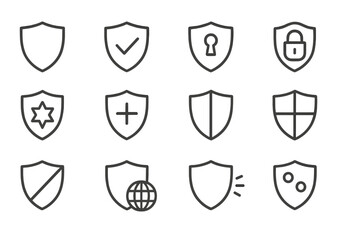 Aufkleber - Various shield icons representing security, protection, and trust in a minimalist design layout