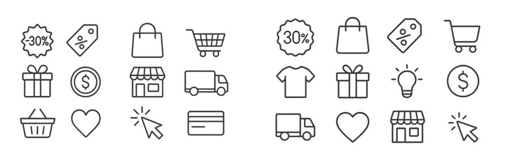 Poster - Various shopping icons symbolizing discounts and retail activities in a minimalistic style on a white background