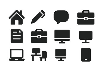Leinwandbilder - Collection of simple black icons representing home, office supplies, and technology commonly used in daily work life