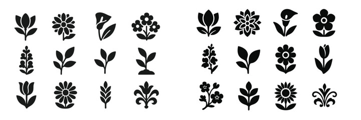 Aufkleber - Collection of black floral silhouettes featuring diverse flower designs and leaf patterns for decorative use