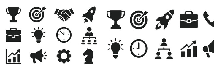 Aufkleber - Icons of business and success displayed in black and white, illustrating various concepts such as teamwork, innovation, and achievement