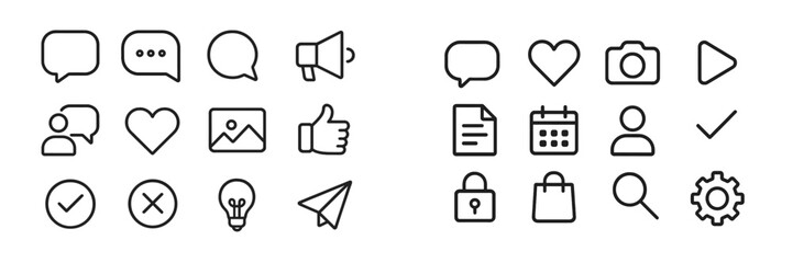 Poster - Collection of simple line icons representing various communication and social media concepts in a modern design