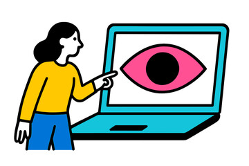Aufkleber - Person pointing at large eye graphic on laptop screen during digital art session in a creative workspace
