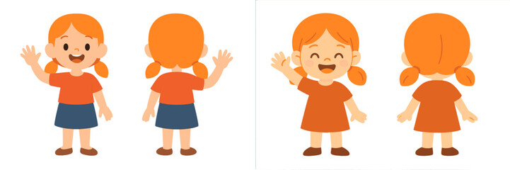 Aufkleber - Cheerful girl character design showing front and back poses with vibrant orange hair and playful expression