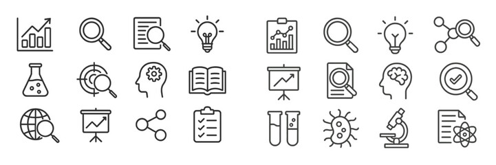 Aufkleber - Icons representing data analysis, research, science, and innovation in various fields and contexts in a modern style