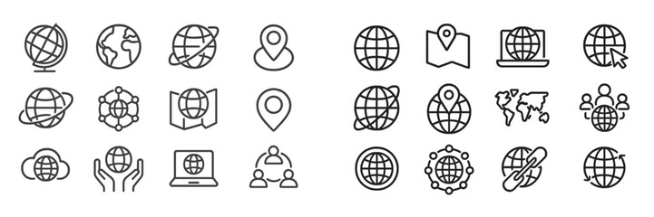 Leinwandbilder - Collection of globe icons depicting various aspects of global communication and navigation in a modern design