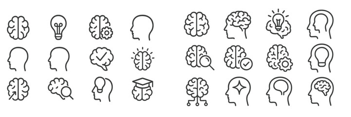 Poster - Collection of brain icons representing thinking, creativity, and intelligence in a minimalist style