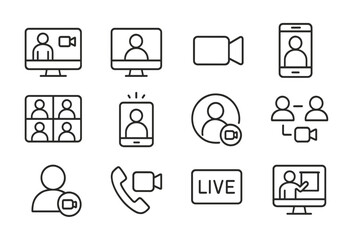 Fototapete - Various icons depicting video calling, conferencing, and live streaming technology for online communication and collaboration