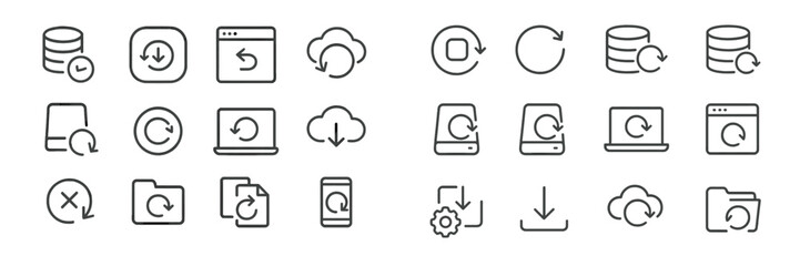 Leinwandbilder - Collection of simple line icons representing various data backup and synchronization activities across devices and platforms