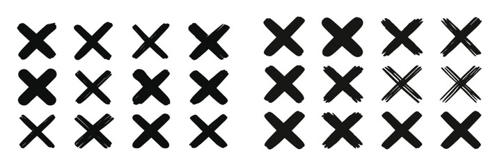 Aufkleber - Black cross patterns arranged in rows showcasing diverse brushstroke styles and textures for creative design projects