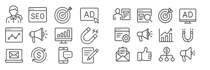 Aufkleber - Digital marketing icons representing various online strategies and tools for increasing brand visibility and engagement