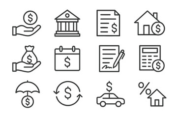 Poster - Financial icons representing banking, budgeting, contracts, and investments in a clear and simple layout