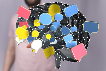 Poster - Abstract image of a brain with interconnected speech bubbles, representing communication and ideas.