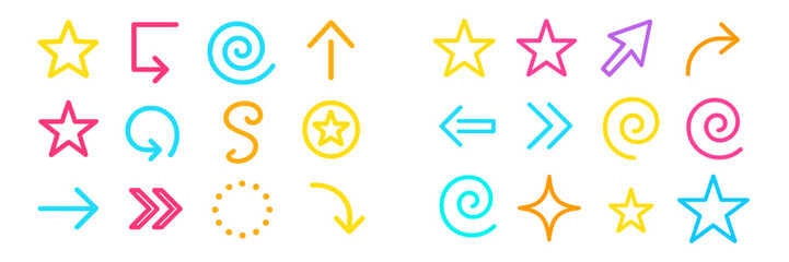 Poster - Colorful abstract icons with arrows and shapes on a white background, ideal for design and creative projects