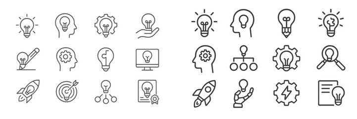 Aufkleber - Collection of light bulb icons representing ideas, creativity, innovation, and teamwork in a minimalist style