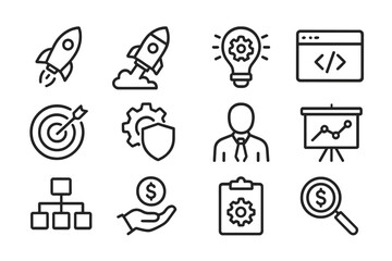 Fototapete - Design elements representing innovation, business strategy, and technology in a minimalistic style on a white background