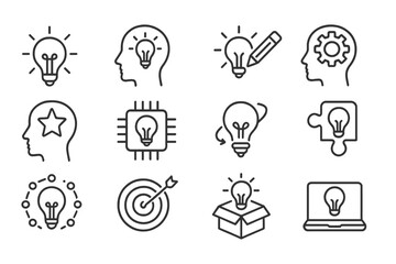 Aufkleber - Collection of light bulb icons representing ideas, creativity, and problem-solving in a modern design style