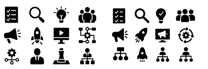 Poster - Collection of black icons representing business activities, teamwork, and technology concepts on white background