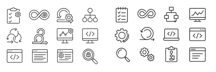 Poster - Collection of simple line icons illustrating software development, project management, and data analysis concepts