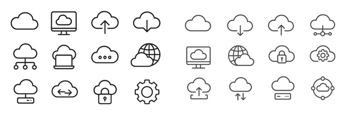 Fototapete - Cloud computing icons showcasing various cloud services, technology symbols, and data transfer concepts in a modern design layout