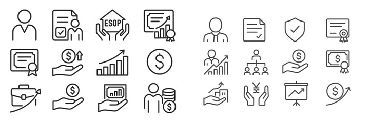 Aufkleber - Icons representing team growth, finance, and employee stock ownership in a professional setting