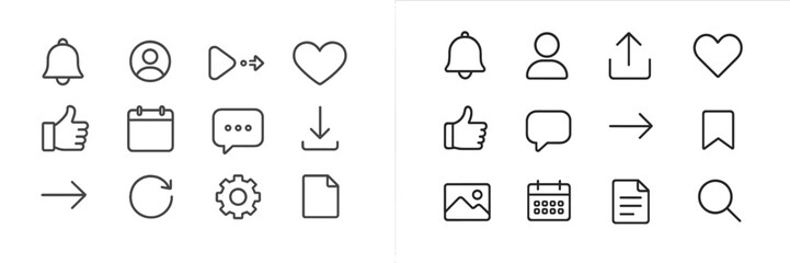 Fototapete - Collection of minimalist line icons representing various user interface elements for digital applications and websites