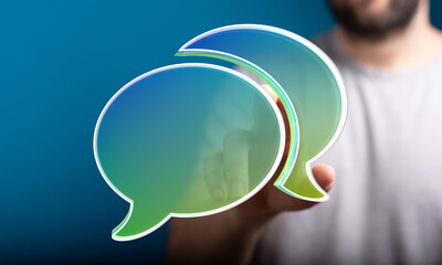 Poster - Abstract image of person interacting with digital speech bubbles, representing communication, conversation, or feedback.