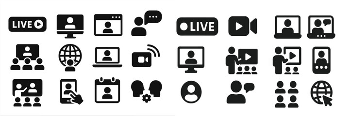 Poster - Collection of digital communication and online interaction icons in black and white on a clean background