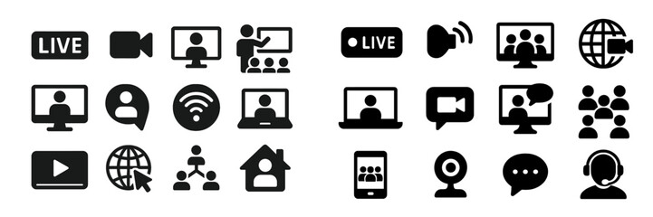 Poster - Icons representing various aspects of online connectivity and virtual communication tools for remote interaction and learning
