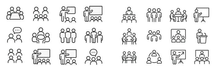 Aufkleber - Collection of simple line icons representing various group activities and presentations in professional settings