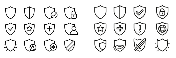 Aufkleber - Various shield icons representing security, protection, and digital safety features in a simple line design
