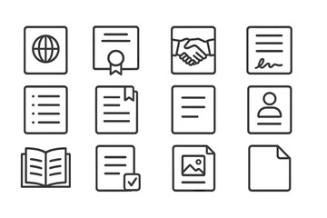 Fototapete - Icons representing global communication, agreements, documents, and profiles for business and personal use in a minimalist design