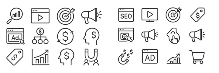 Poster - Set of outline icons representing digital marketing concepts and strategies used for online advertising and promotions