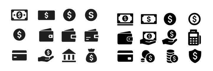 Poster - Icons representing finance transactions and money management featuring wallets, banknotes, and payment methods in a modern design style