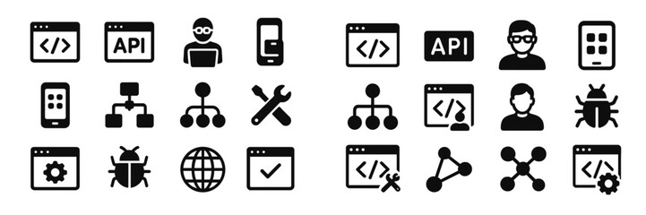 Fototapete - Collection of technology icons showcasing coding, devices, and web development tools with a focus on APIs and programming