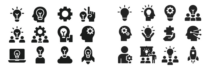 Aufkleber - Creative symbols representing ideas, teamwork, innovation, and problem-solving in a streamlined design
