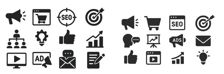 Poster - Marketing and advertising icons depicting strategies, metrics, and online platforms for effective business growth