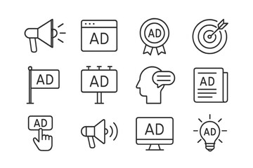 Poster - Variety of advertising symbols representing digital marketing and promotional strategies in a grid layout