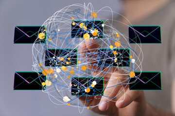 Leinwandbilder - Hand interacting with a visual representation of a global email network.  Digital communication, connectivity, and data.