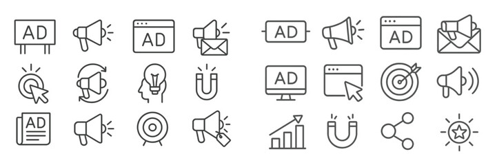 Poster - Collection of advertising icons showcasing different promotional methods and platforms in a minimalist style