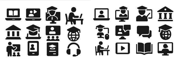 Poster - Symbols representing online education, e-learning platforms, and virtual classrooms created in various formats and styles