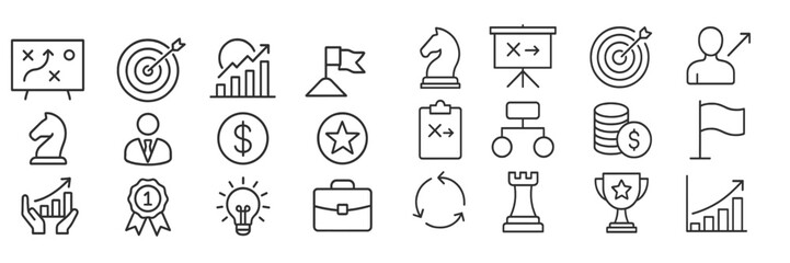 Aufkleber - Business strategy icons representing success, growth, and analysis in a minimalistic style with charts and symbols