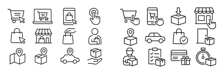 Aufkleber - Modern online shopping icons representing various e-commerce activities and delivery processes in a simple design