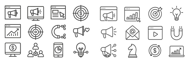 Poster - Collection of marketing and business icons illustrating various strategies and tools for online engagement and analysis