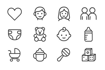 Aufkleber - Simple line icons representing childhood and parenting activities suitable for various digital projects