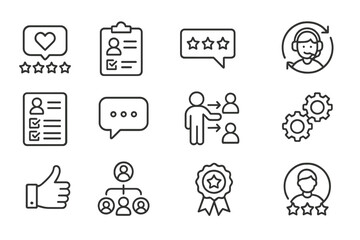 Aufkleber - Icons representing customer feedback, support services, and employee performance in a digital workspace environment