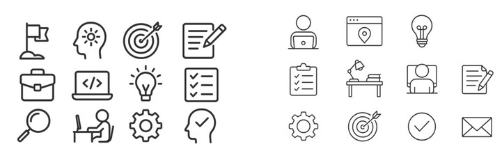 Poster - Icons representing various aspects of productivity and innovation in a modern workspace setting