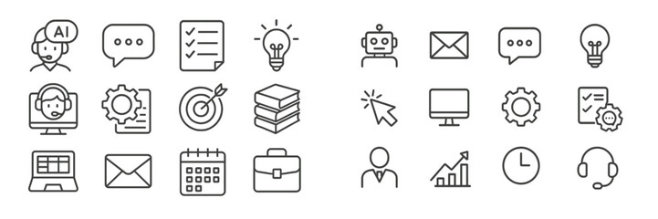 Aufkleber - Collection of line icons representing digital communication, business tools, and artificial intelligence concepts in a minimalist design