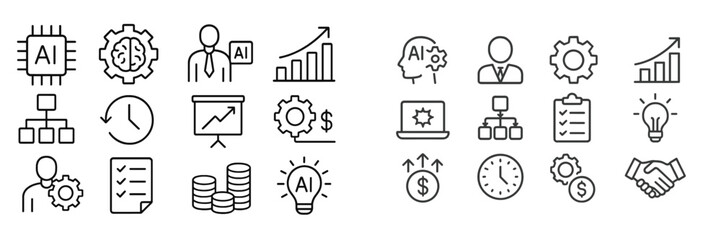 Poster - Collection of linear icons depicting artificial intelligence concepts, graphs, and workflows in a business setting