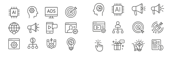 Leinwandbilder - Symbols representing artificial intelligence, digital marketing, and advertising strategies on a simple background